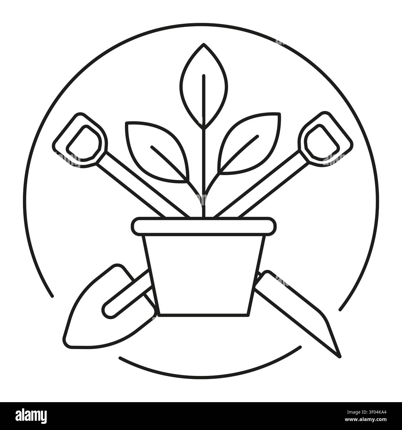 Potted plant shovel black vector icon features crossed tools. The botanical agriculture concept visualizes gardening apps. Stock Vector