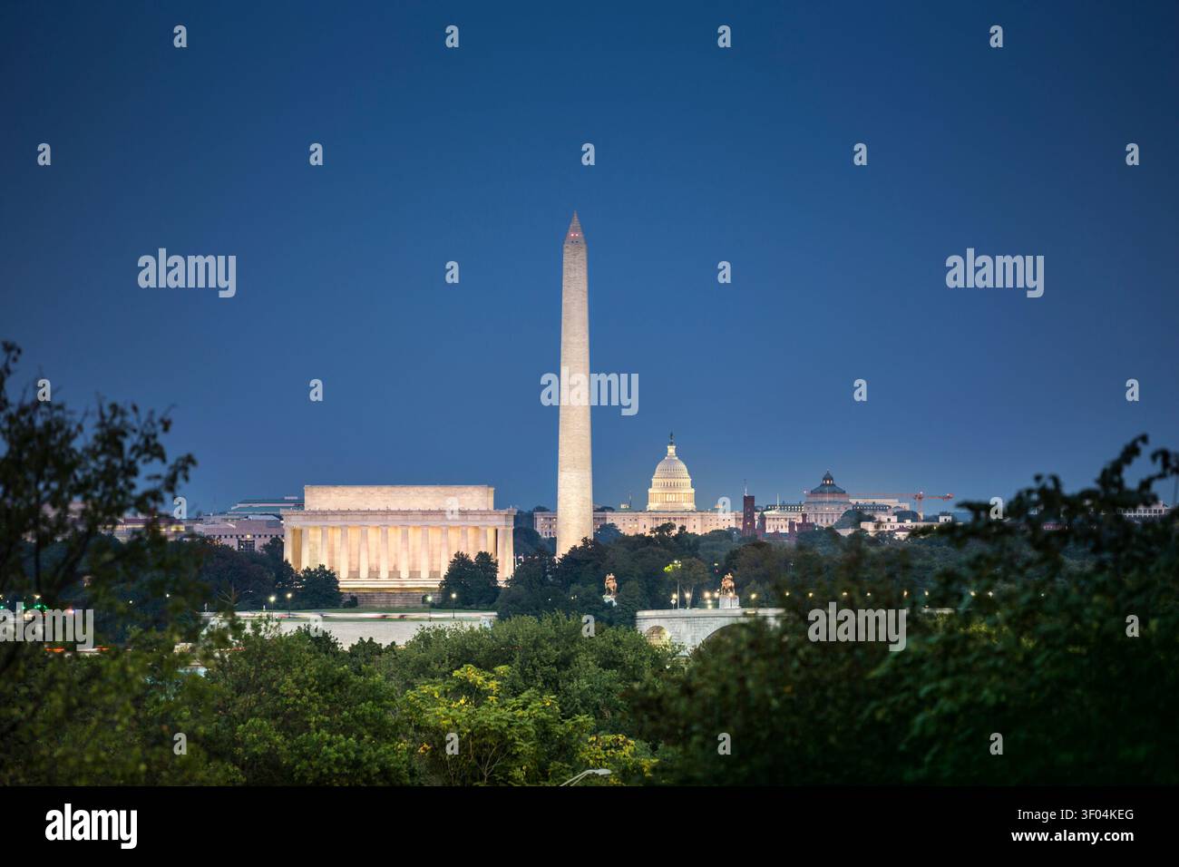 Illuminated Washington DC skyline landmarks at twilight Stock Photo