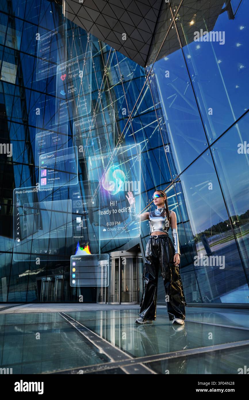 Futuristic woman using a holographic augmented reality interface Stock Photo