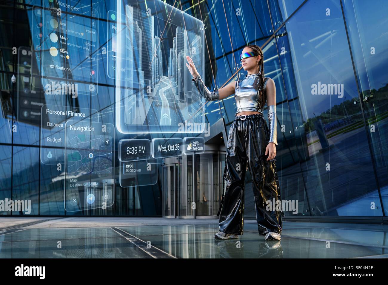 Young woman interacts with holographic AR interface Stock Photo