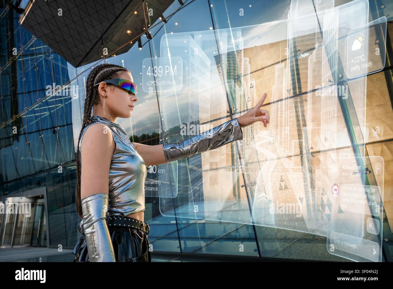 Young woman interacts with augmented reality screen Stock Photo