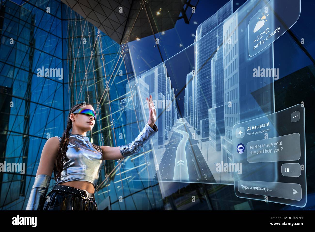 Woman interacts with augmented reality city map Stock Photo