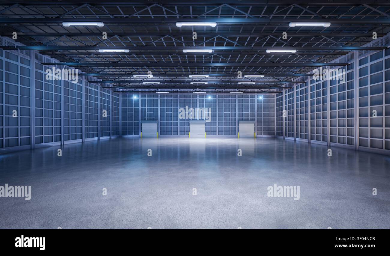 3d rendering empty factory interior fully enclosed with rolling shutter door Stock Photo