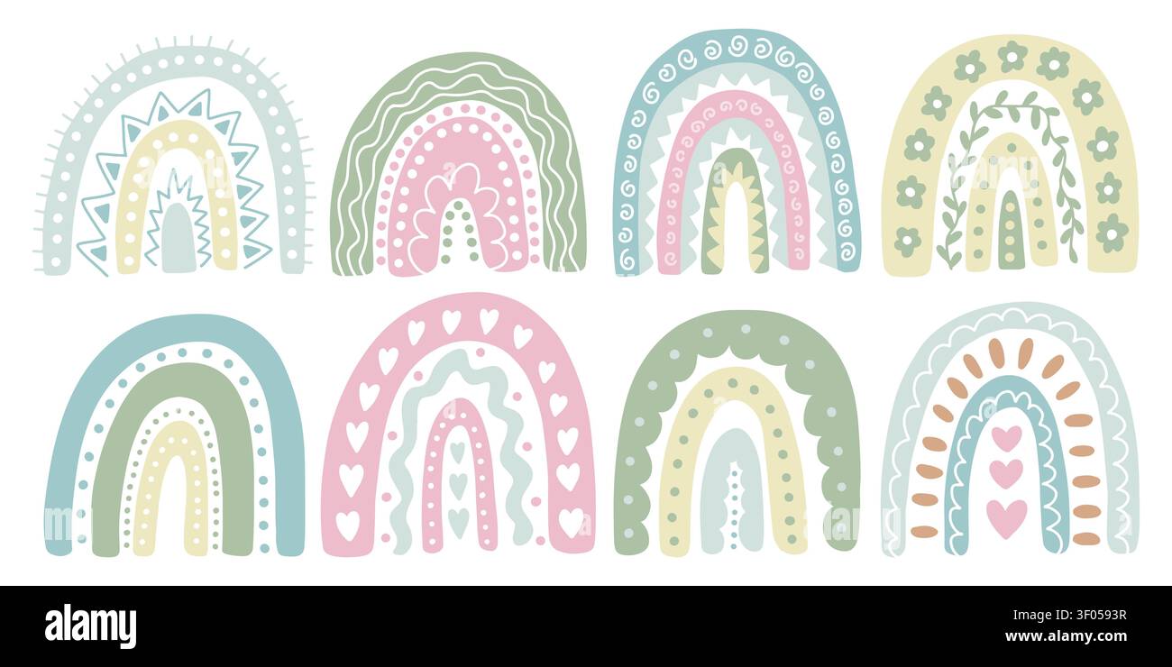 Hand drawn boho rainbows set Stock Vector