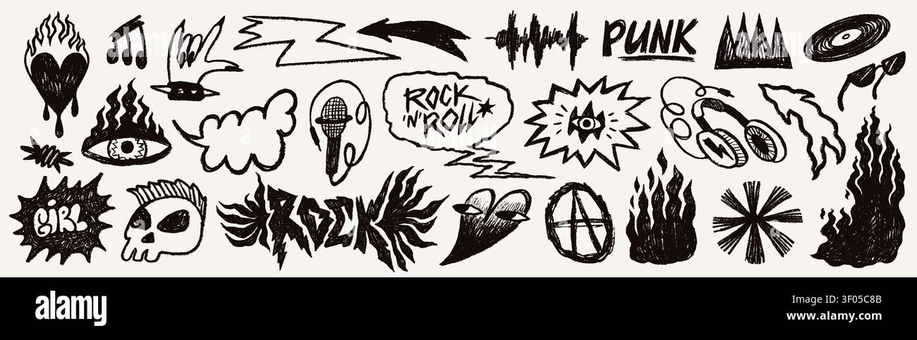 Rock doodle punk element set with music icons, fire, skull and grunge scribble symbols in black hand drawn style. Punk rock graphics for stickers Stock Vector