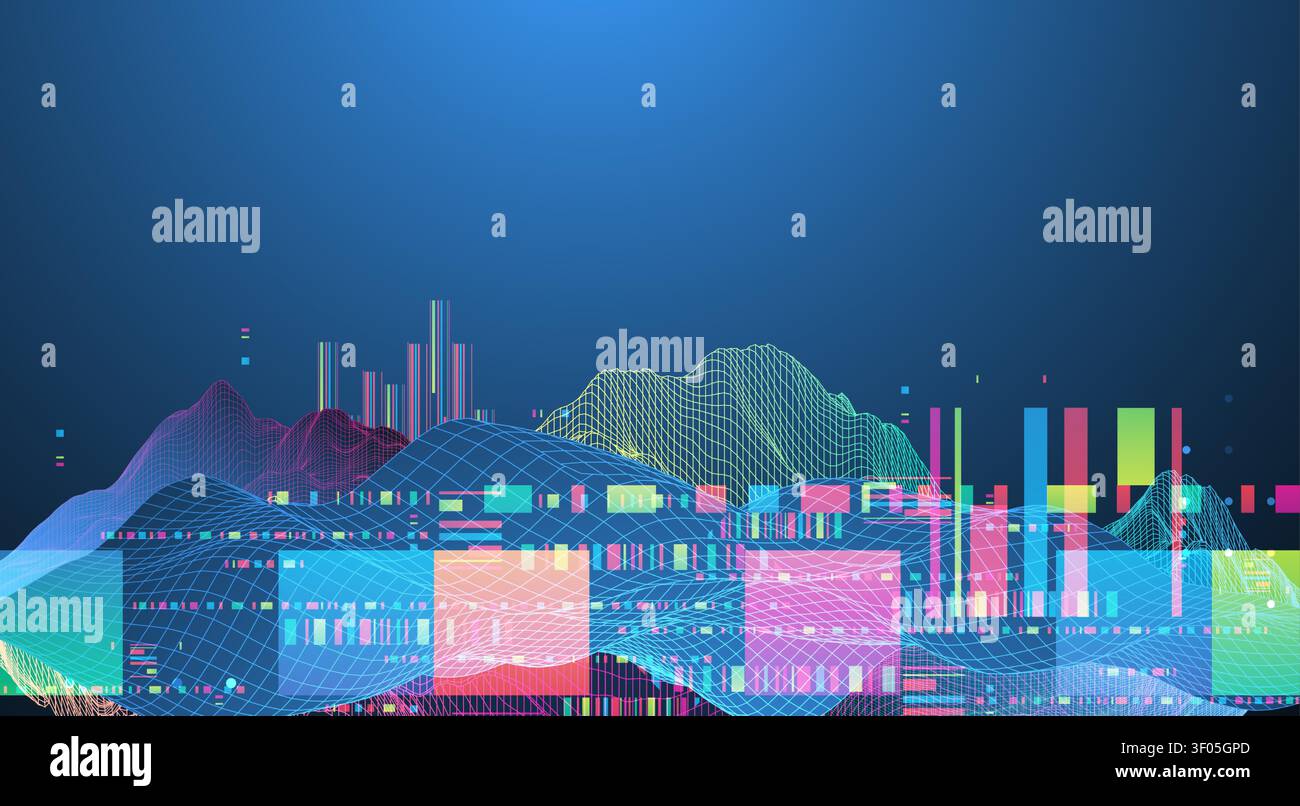 Abstract digital data visualization with colorful neon waveforms, wireframe grids, and geometric glitch elements on a dark blue background. Vector. Stock Vector