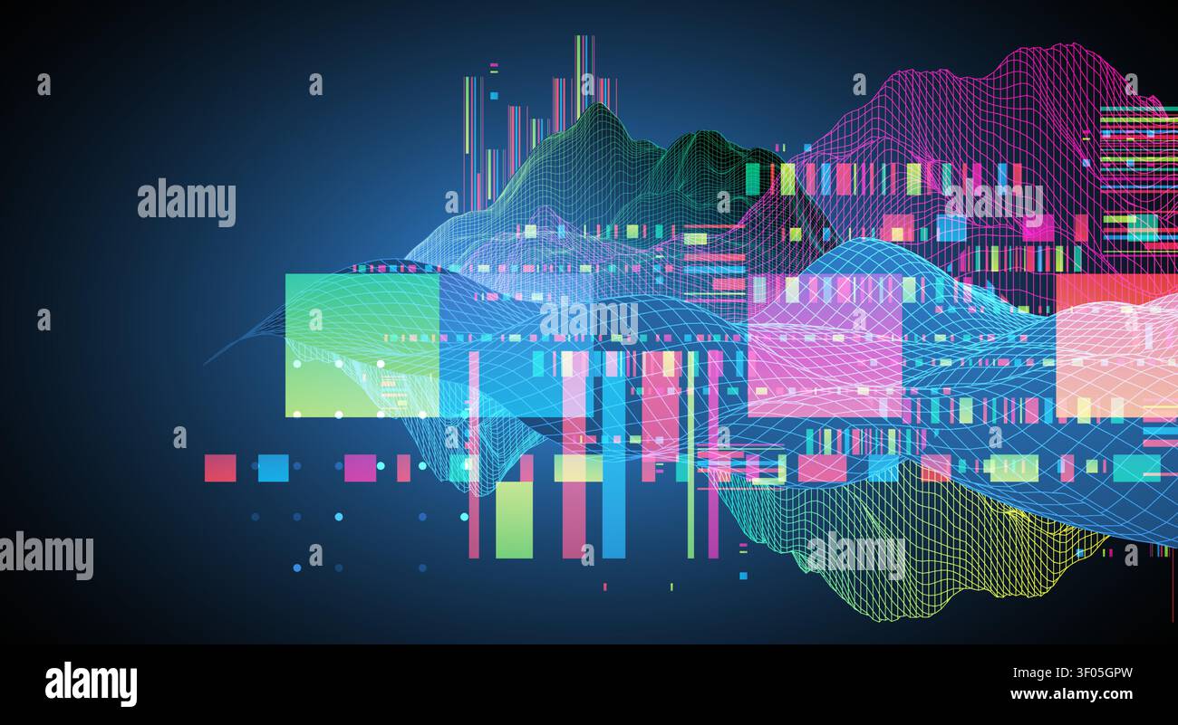 Abstract digital data visualization with colorful neon waveforms, wireframe grids, and geometric glitch elements on a dark blue background. Vector. Stock Vector