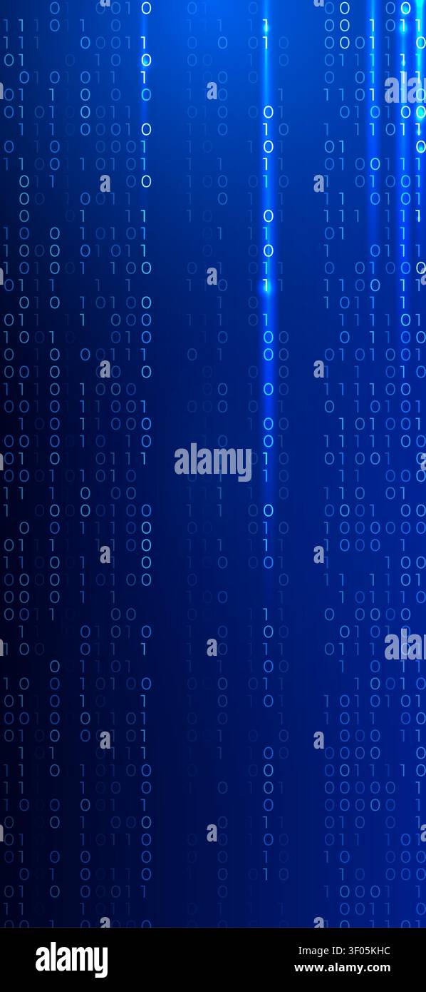 Binary code digital technology background with glowing blue data streams. Cybersecurity, big data, programming, tech networks concept for phone Stock Vector