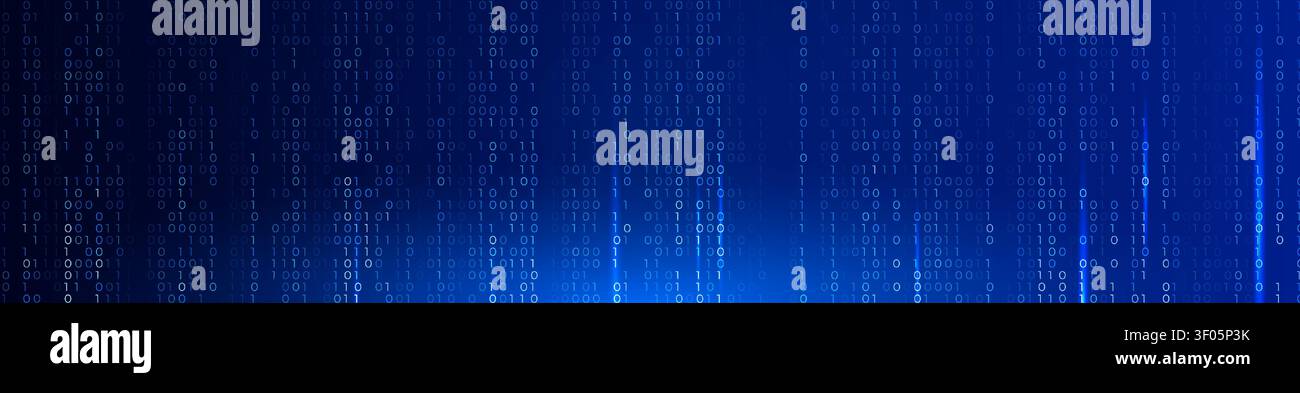 Blue Binary Code Background Glowing Digital Data Stream for AI Coding, Data Encryption, Cybersecurity, Software Engineering, Cloud Code Computing Stock Vector