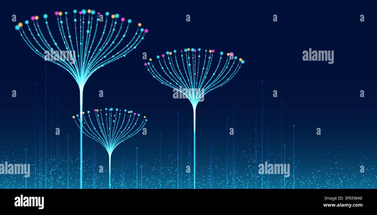 Abstract ai data flow vector background. Neon glowing blue stream, neural networks algorithm, big data analysis model and digital technology concepts with dynamic line patterns and connected particles Stock Vector