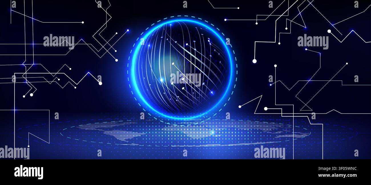 Neon Earth's globe with glowing blue network lines and motion effect, abstract vector background. 3d world map visualization with arrows, connected data points, digital sphere for technology design Stock Vector
