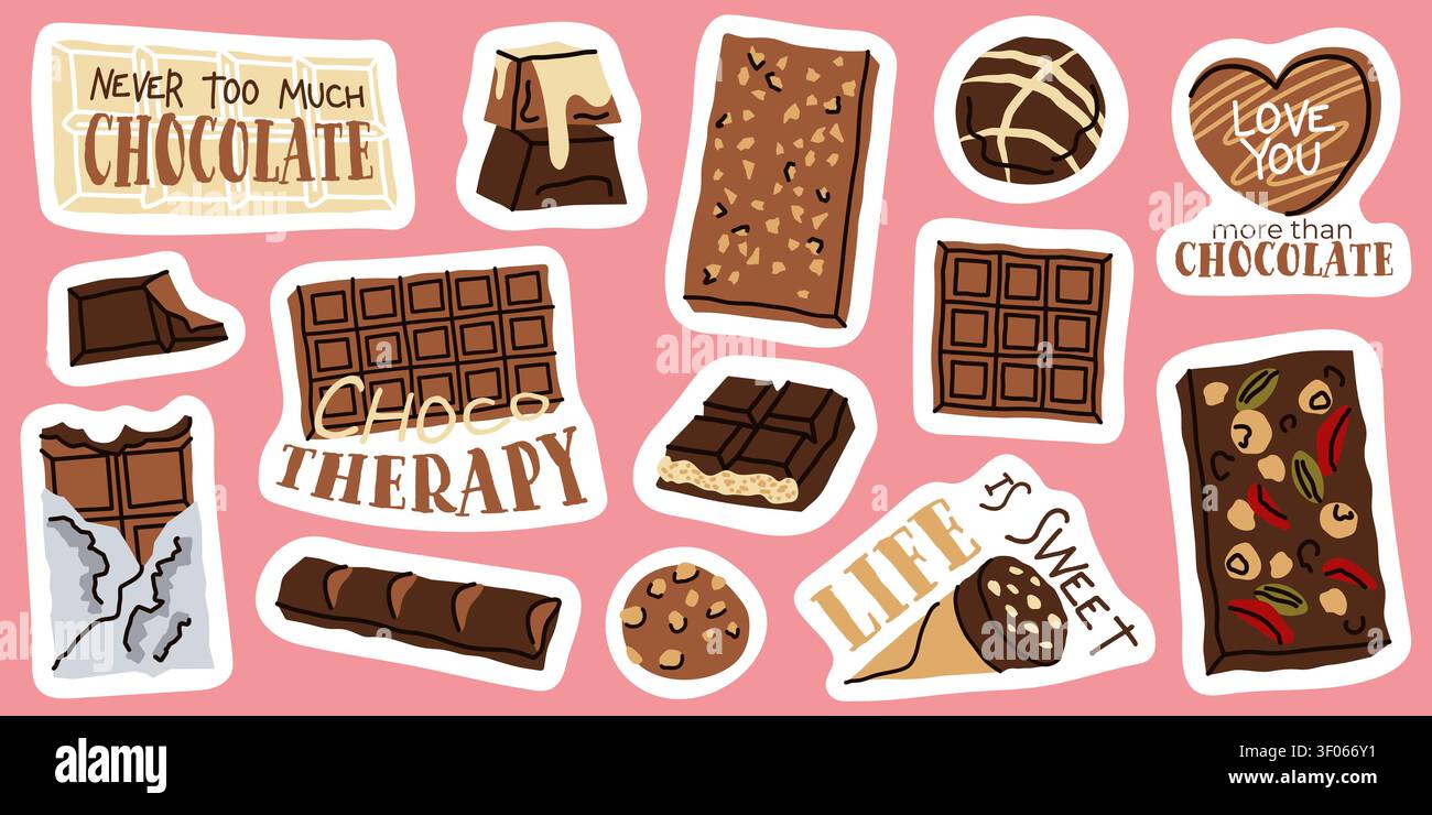 Chocolate quotes typography sticker set hand drawn vector for funny merch Stock Vector