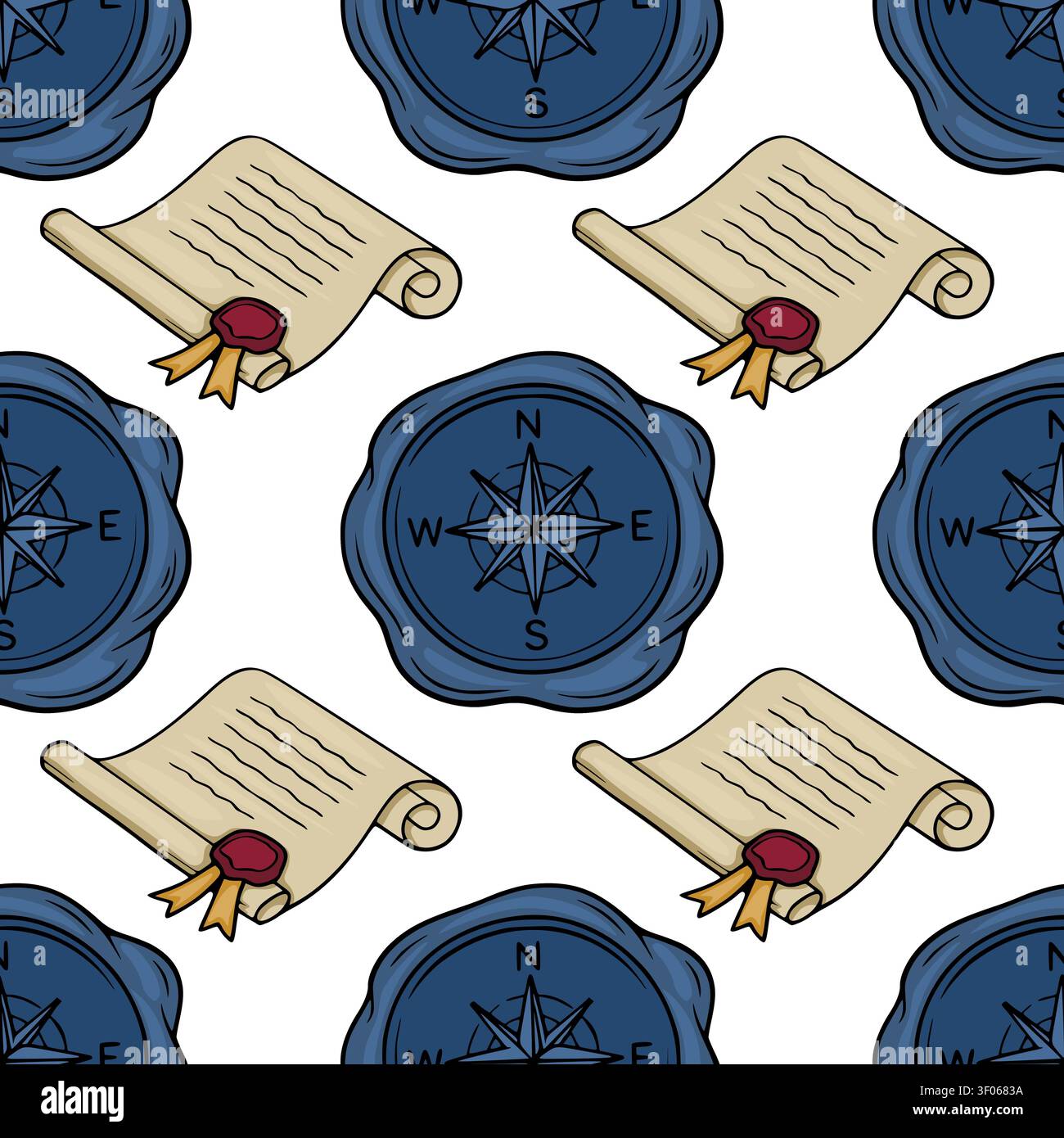 Seamless vector pattern with vintage parchment scrolls and blue wax compass seals Stock Vector
