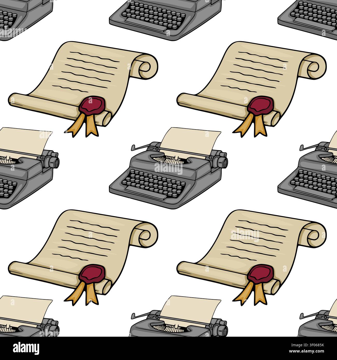Seamless pattern with retro typewriter and vintage scroll vector illustration Stock Vector