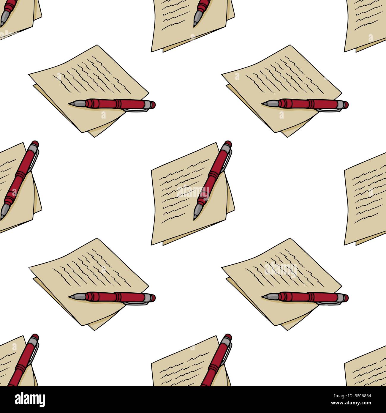 Seamless pattern with hand drawn red pens and handwritten notes on paper sheets vector illustration Stock Vector