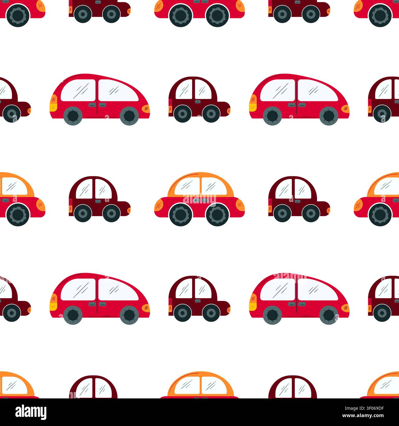 Seamless pattern with cute red cartoon cars. Vector Stock Vector