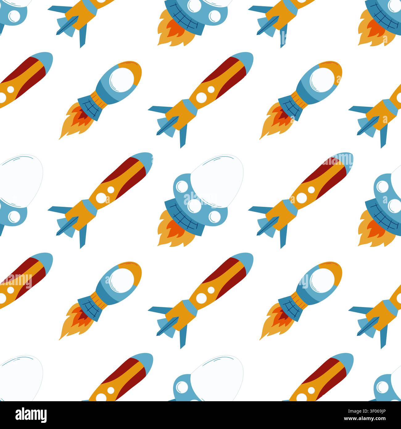 Seamless pattern with cartoon space rockets in blue tones. Vector Stock Vector