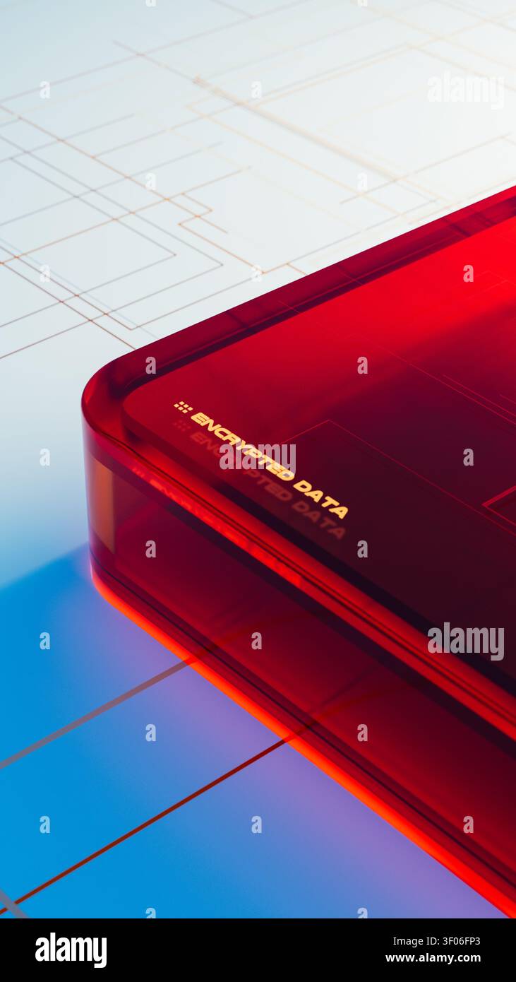 The design shows encrypted data security elements in a modern layout. Bright colors highlight technology aspects involved in data protection. Stock Photo