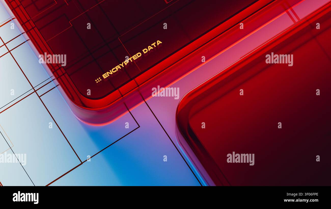 The design shows encrypted data security elements in a modern layout. Bright colors highlight technology aspects involved in data protection. Stock Photo