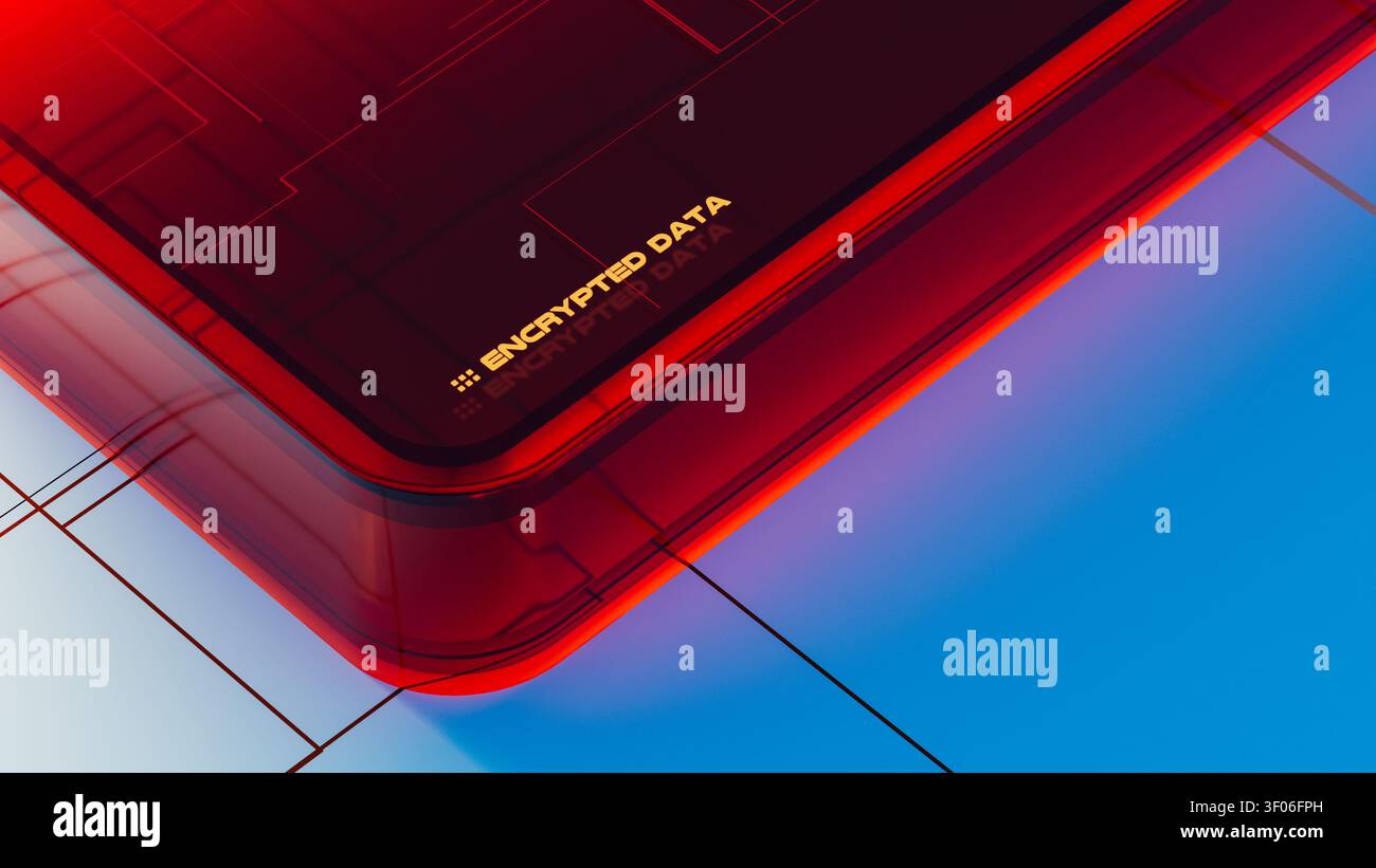 The design shows encrypted data security elements in a modern layout. Bright colors highlight technology aspects involved in data protection. Stock Photo