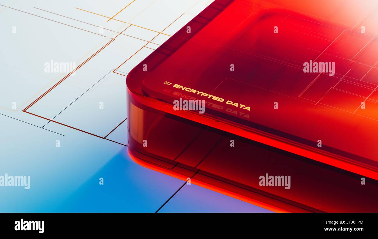 The design shows encrypted data security elements in a modern layout. Bright colors highlight technology aspects involved in data protection. Stock Photo