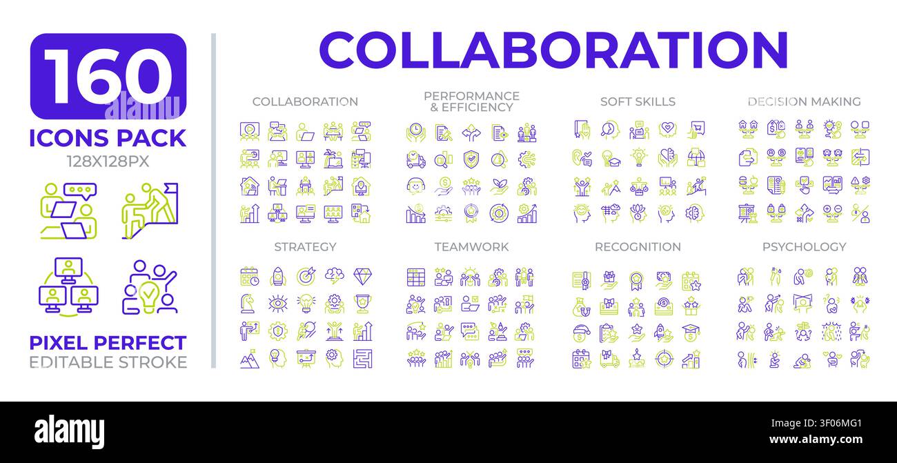 Collaboration two color line icons set collection Stock Vector
