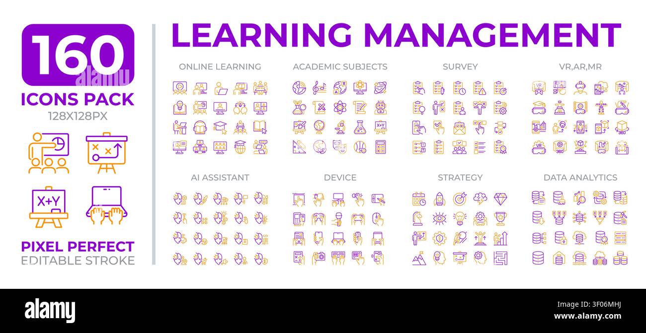 Learning management two color line icons set collection Stock Vector
