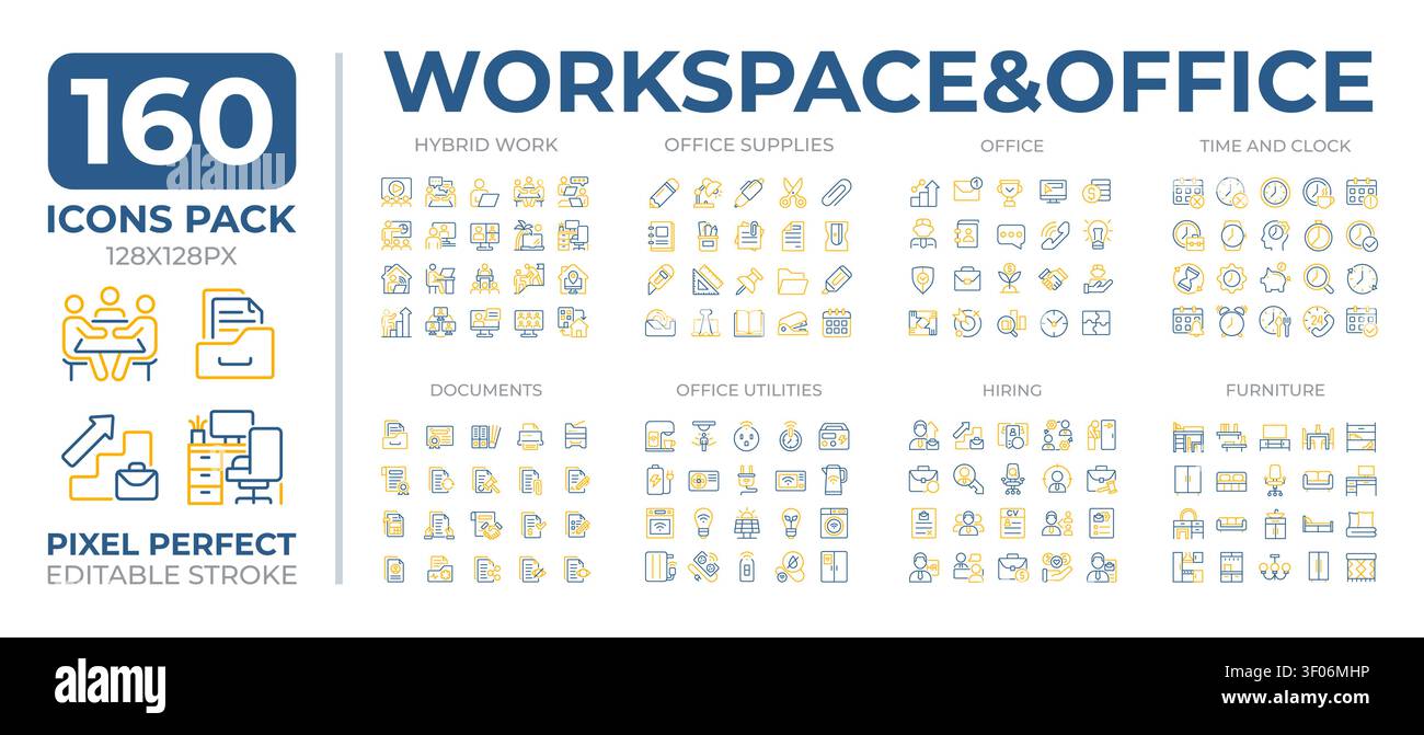 Office workspace two color line icons set collection Stock Vector