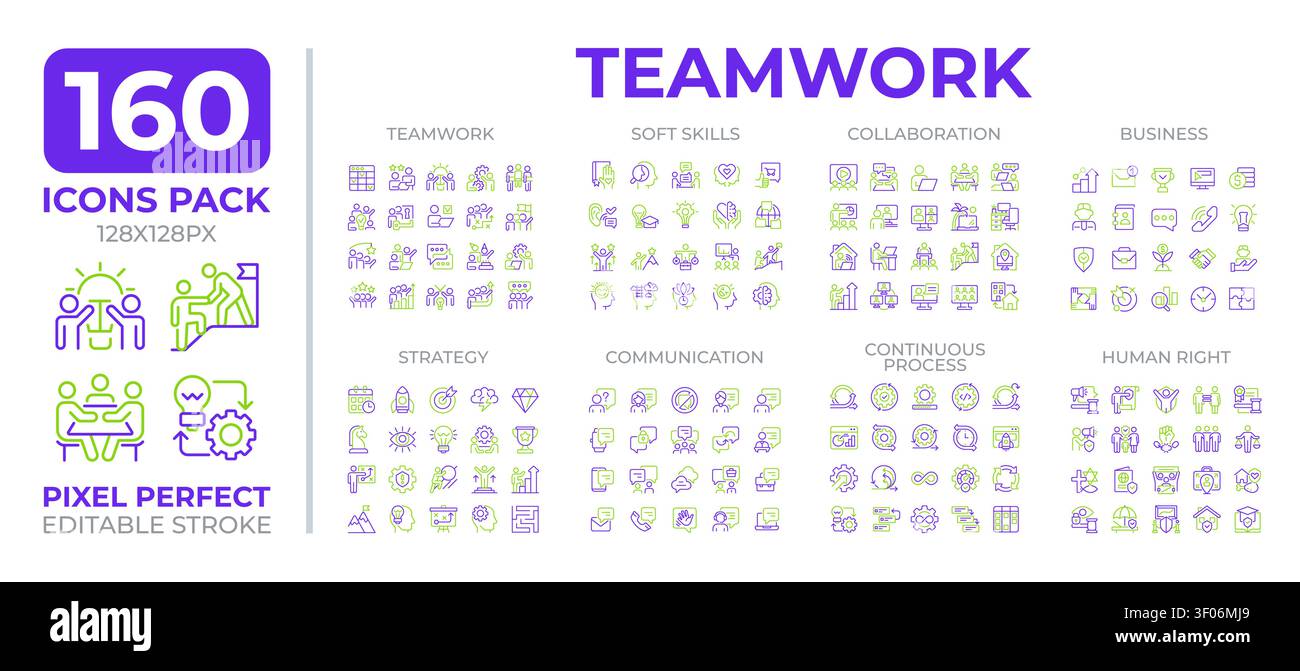 Teamwork two color line icons set collection Stock Vector
