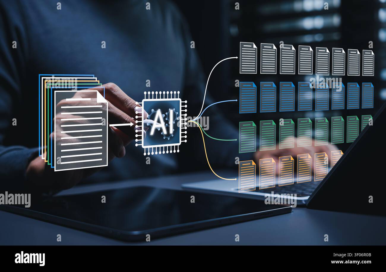 AI document processing and automated file classification concept. Person using laptop to categorize digital paperwork, data extraction, document Stock Photo
