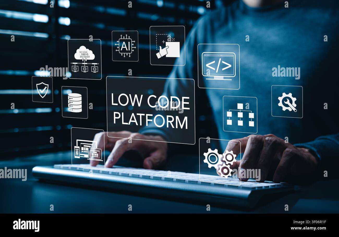Low code platform development concept. app building icons, visual programming, workflow automation, AI integration, cloud database, responsive design, Stock Photo