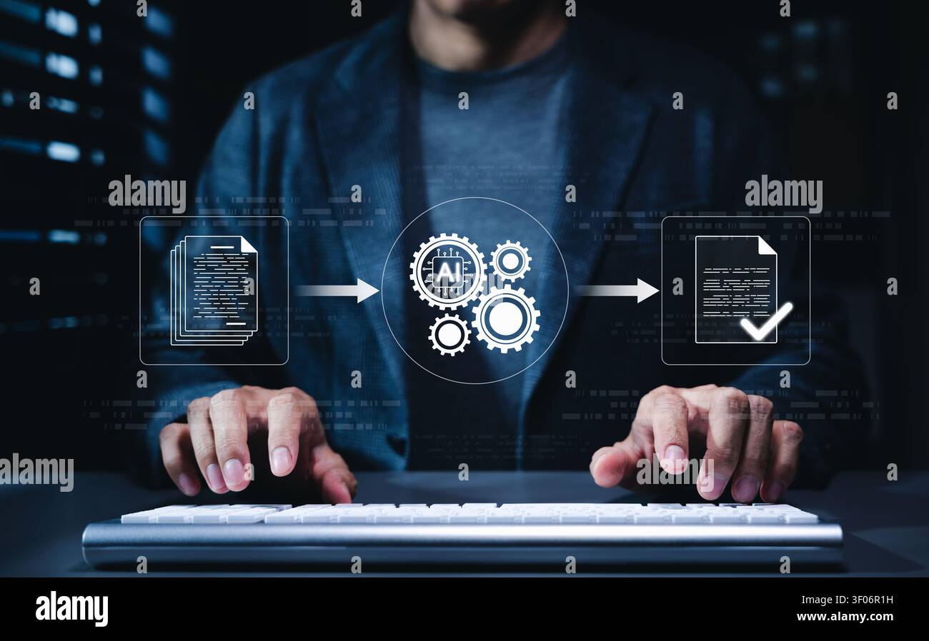 AI document processing automation concept. Businessman using AI tools and virtual file workflow, representing document summarization, text analysis, Stock Photo