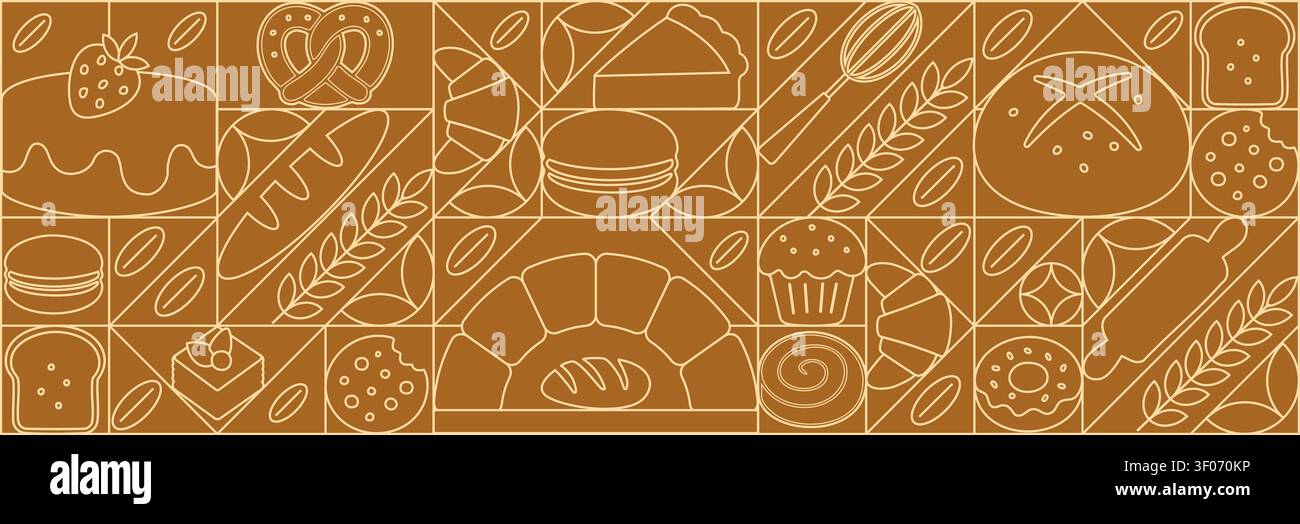 Bread and pastries background. Abstract bakery menu background with line drawing. Geometric pattern bread, croissant, donut. Bakery line pattern. Stock Vector