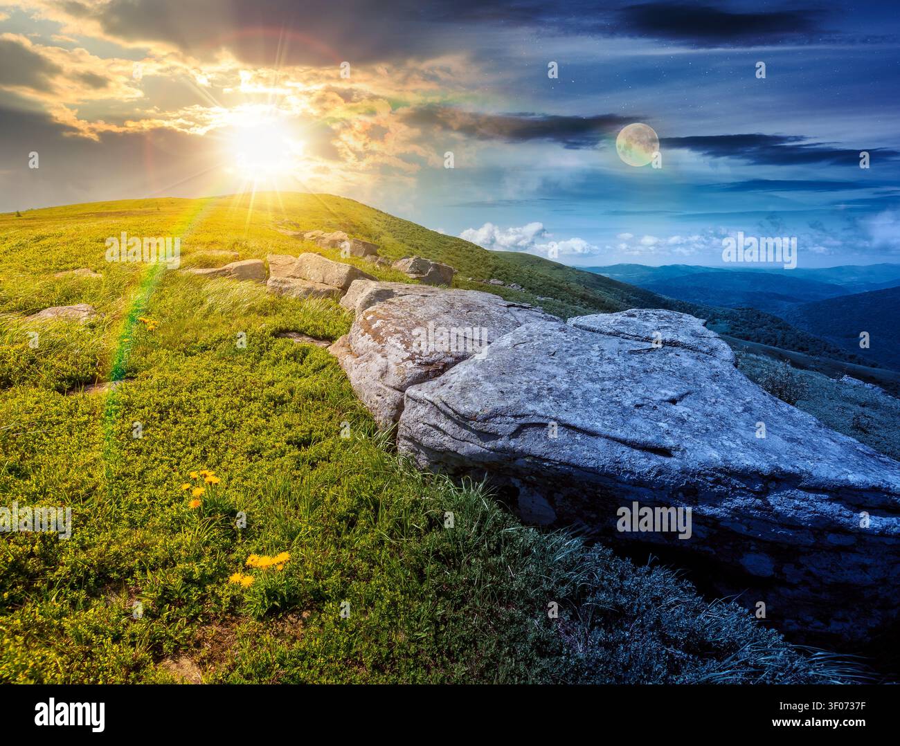 carpathian mountain landscape on summer solstice. day meet night. nice view of a grassy alpine meadow. sun and moon harmony over rock and herbs on the Stock Photo