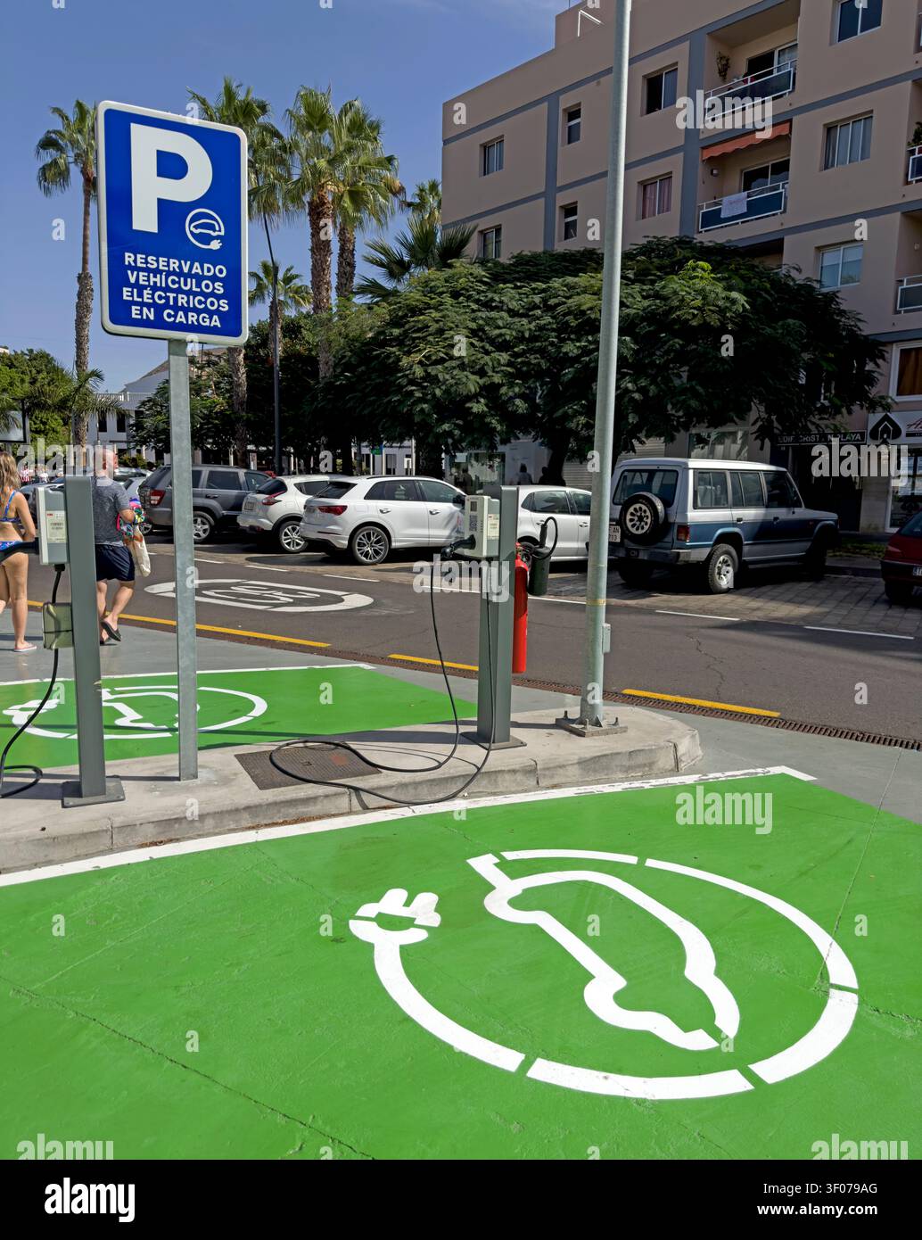 EV charger in Tenerife, Arona - Reserved for electric vehicles while charging Stock Photo