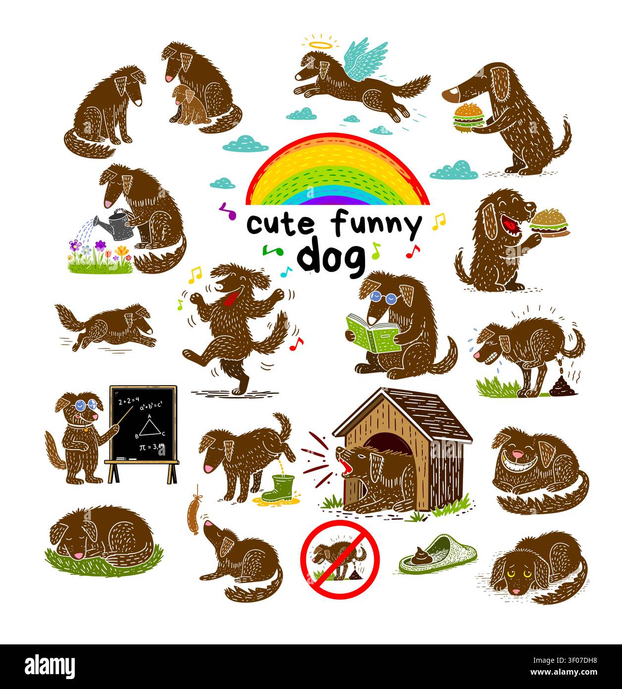 A set of funny dogs, Hand drawn. Not AI, vector illustration. Stock Vector