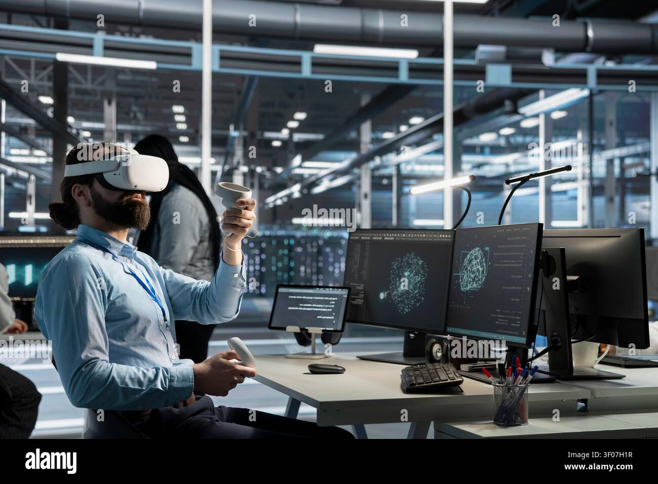 Concerned data center engineer reviews warning messages in a data center while troubleshooting errors affecting equipment performance. Stock Photo