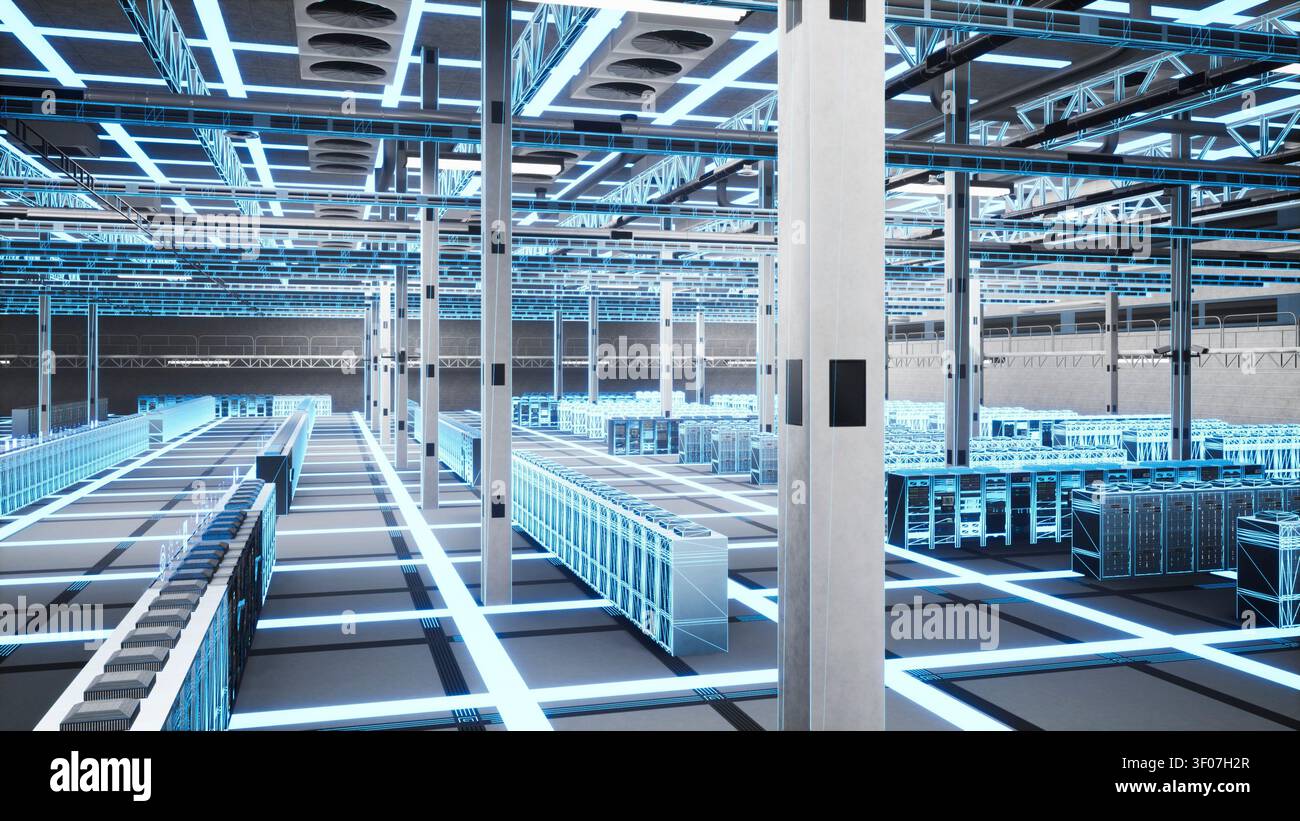 Data center database servers support big data processing and complex calculations, shown with blue wireframe digital twin infrastructure. Stock Photo