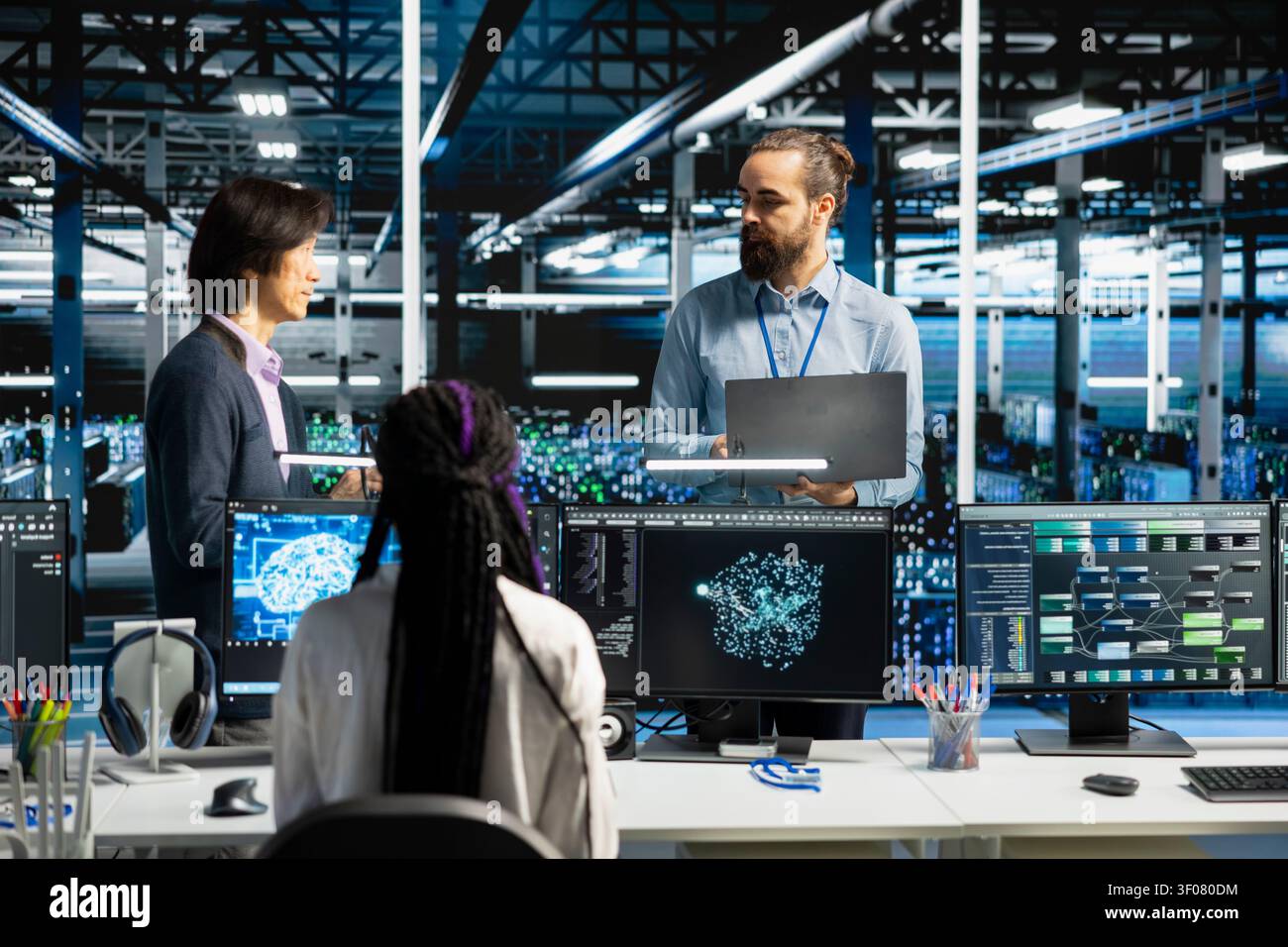 Engineers brainstorming in high tech high tech server room, refining AI model parameters to upgrade systems, while scheduling deep learning checkup for equipment supercomputers server hardware. Stock Photo