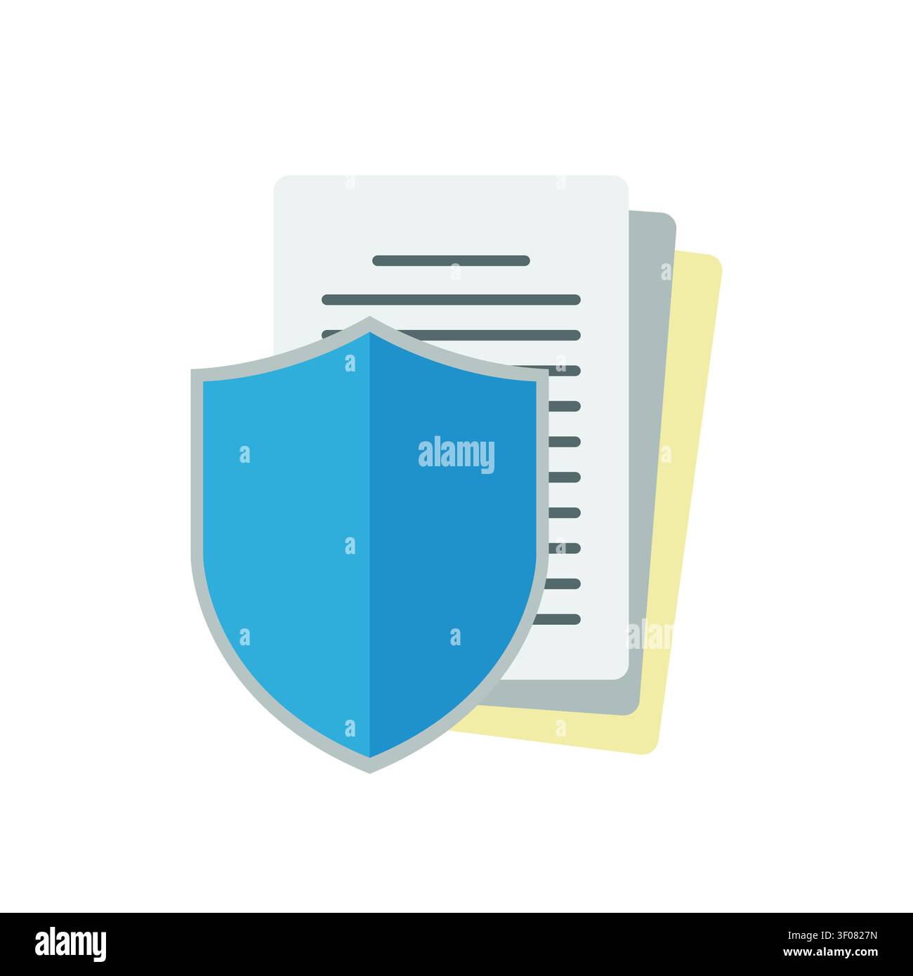 A data security shield icon protecting private document pages, representing cybersecurity, information privacy, and digital file protection concepts. Stock Vector