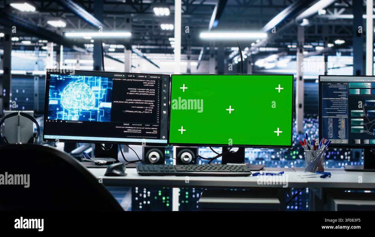 Chroma key isolated screen computers managing server room gear working with AI tech. Stock Photo