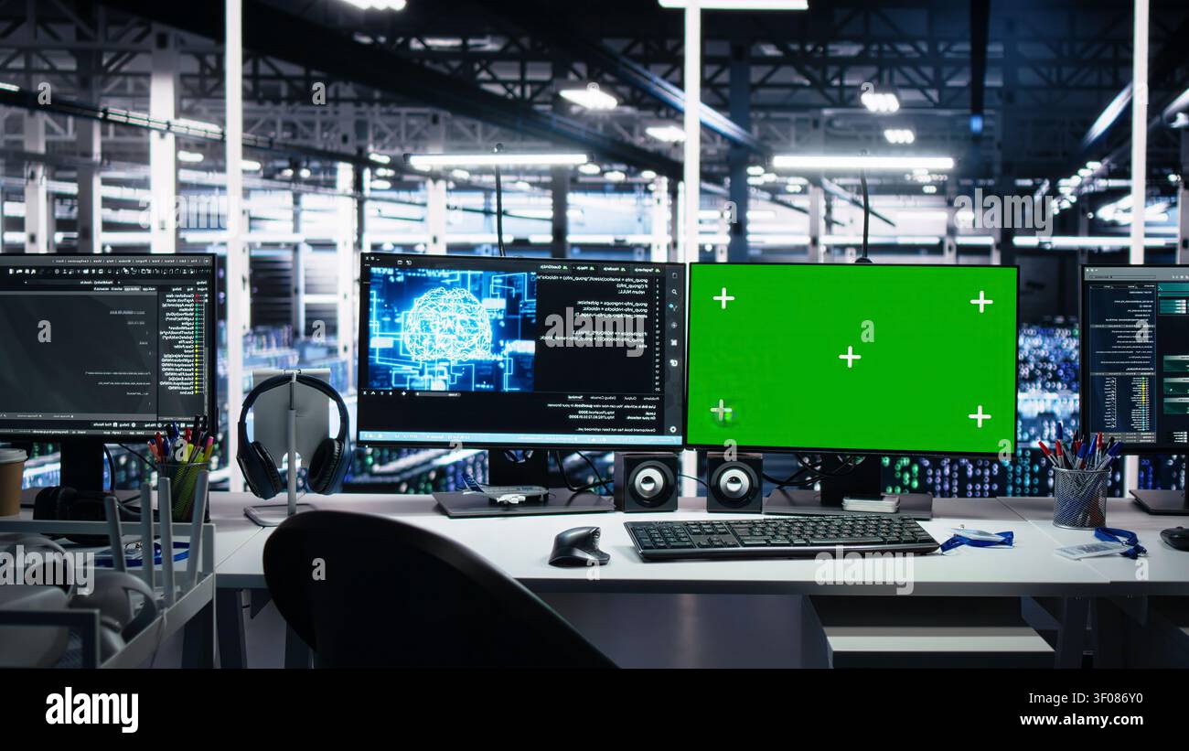 IT specialist reviews neural network visualization on green screen computers in a server room during software debugging work. Stock Photo