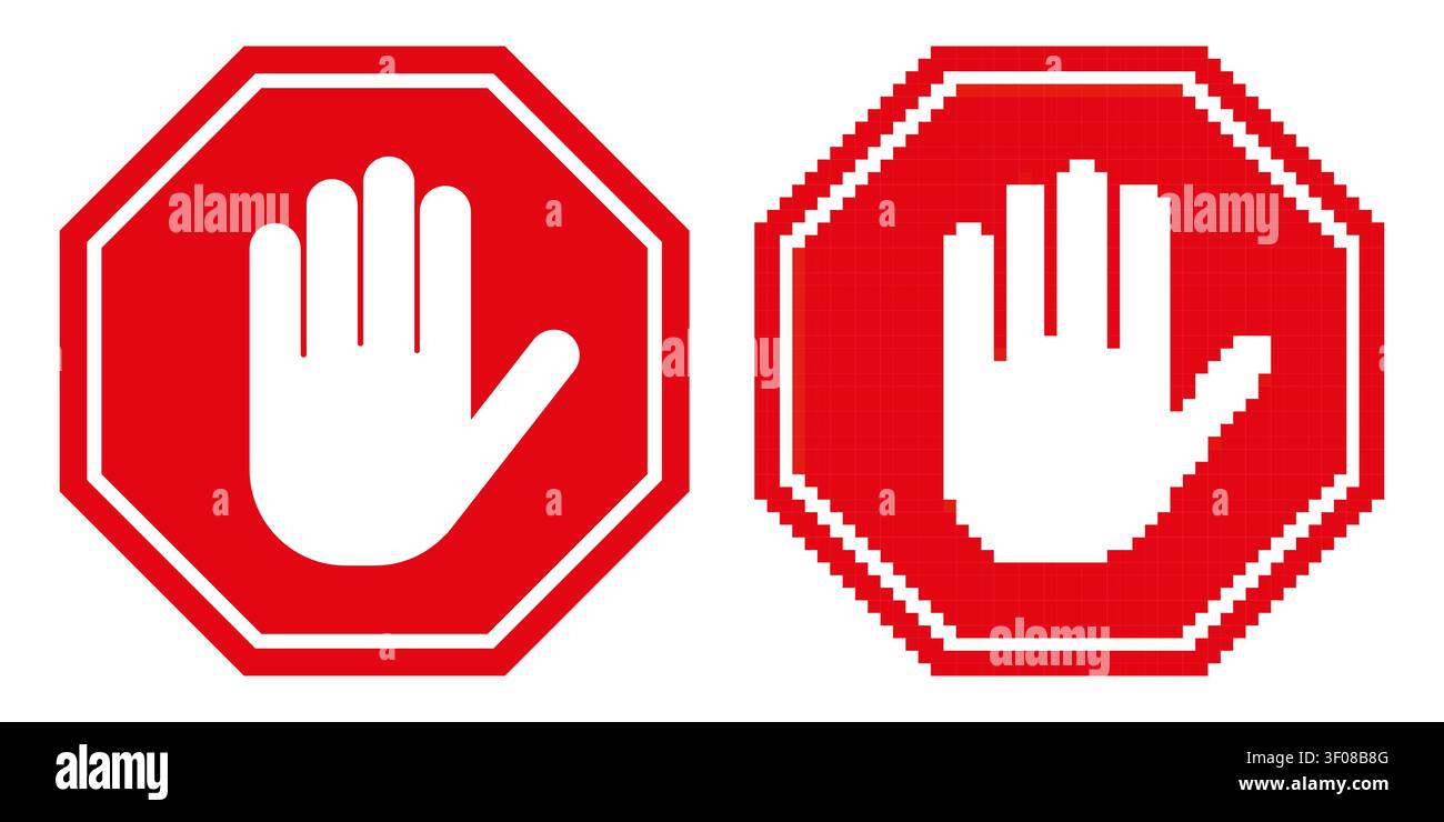Classic and Pixel Stop Hand Signs — Warning Icon Set Stock Vector
