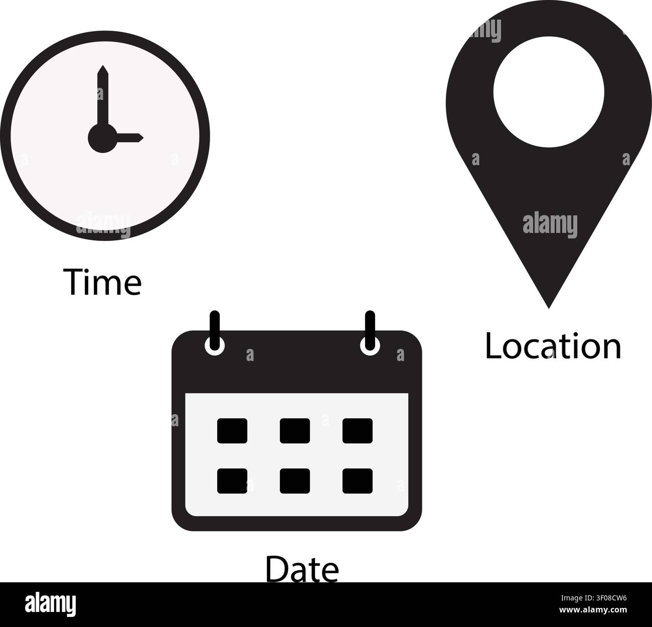 Date, Time and Location Icon Set Stock Vector