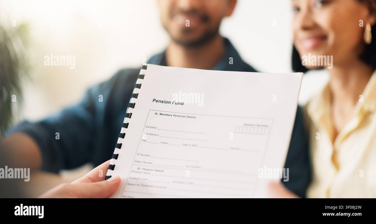 Hands, advisor and contract document with couple, finance advice and application for pension fund. Smile, people and consultant with paperwork Stock Photo
