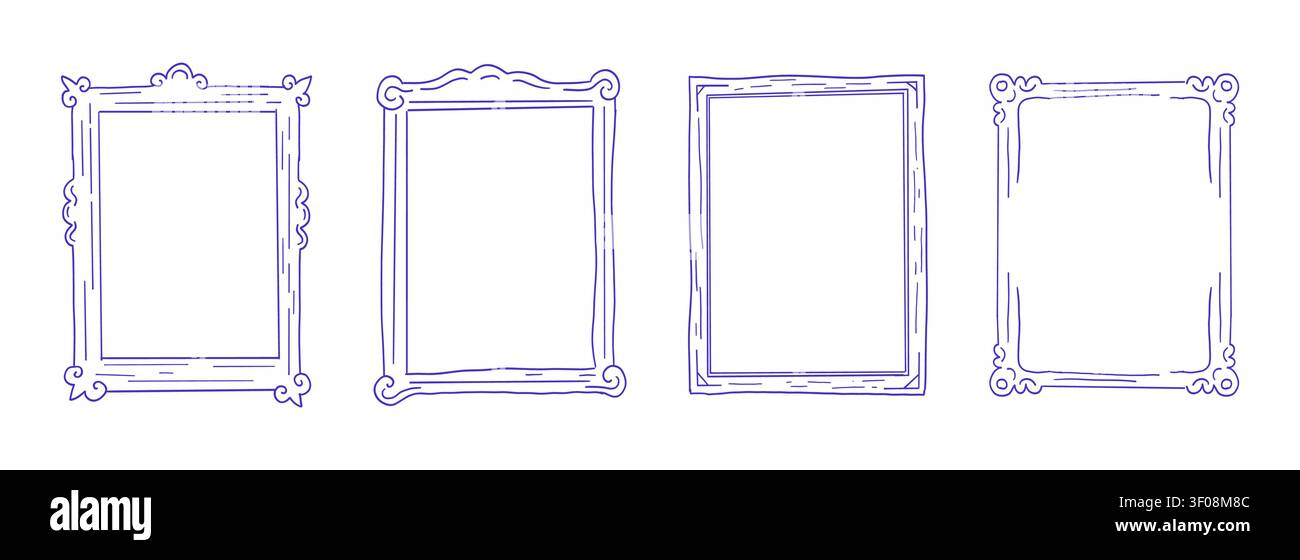 Whimsical doodle frames with crayon line scribbles and funky borders. Set line retro rectangular, perfect for invitations, scrapbooks, and creative frame designs. . Vector illustration Stock Vector