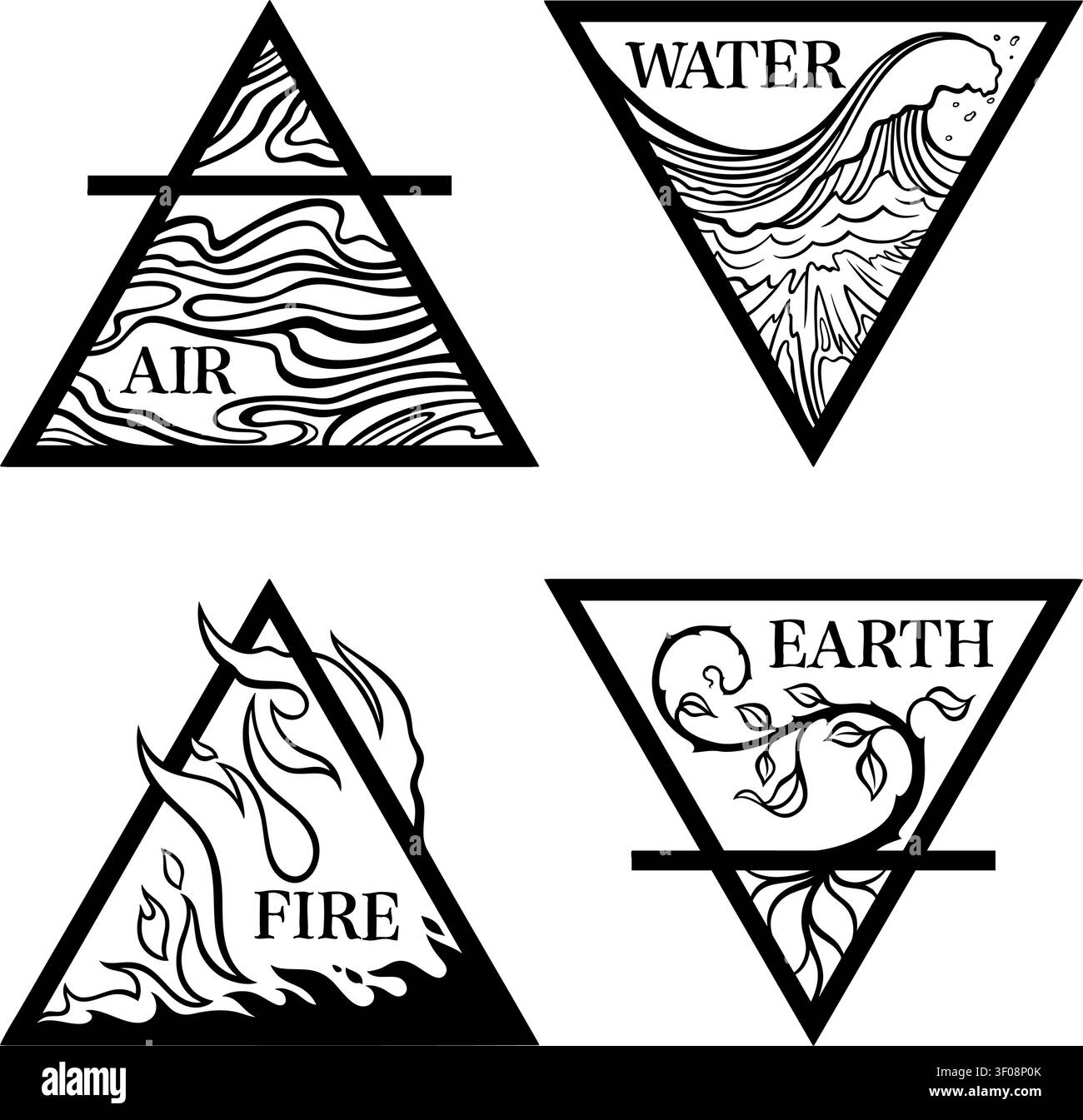 Black and white set of four triangles representing the classical elements: Fire (flame), Water (wave), Air (wavy lines), Earth (vine and roots). Each Stock Vector