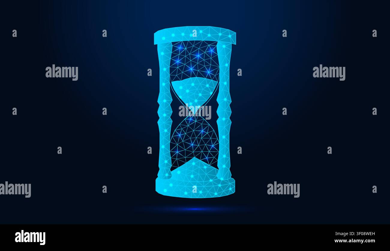 Neon low poly wireframe hourglass on dark blue background. Stock Vector