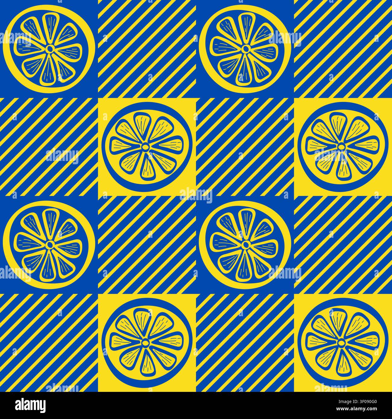 Citrus Lemon Fruit Slices Gingham Plaid Seamless Pattern Stock Vector