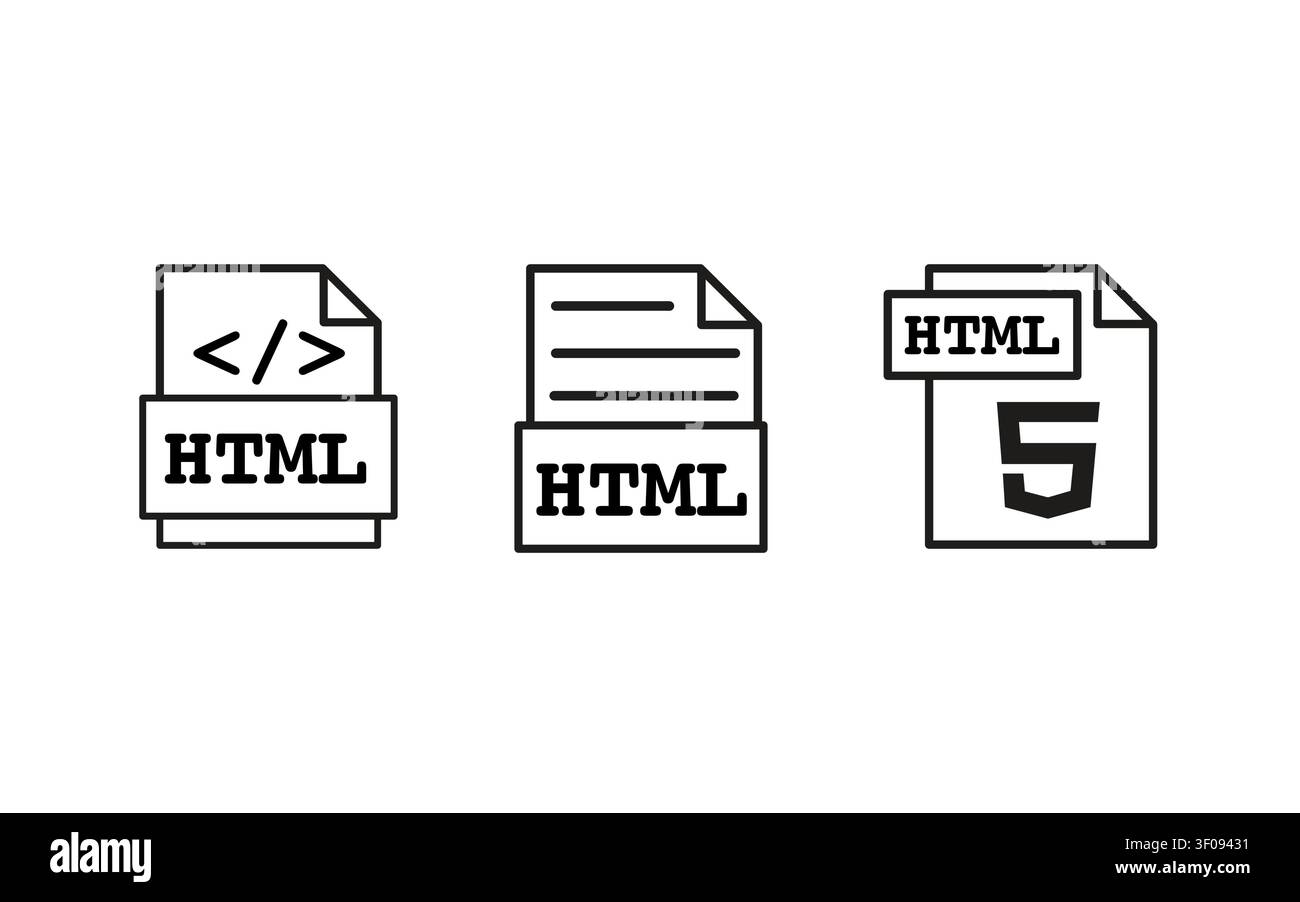 HTML file outline icon set in minimal line art style. Web development document symbols for coding, markup language, HTML design. Vector graphics for Stock Vector